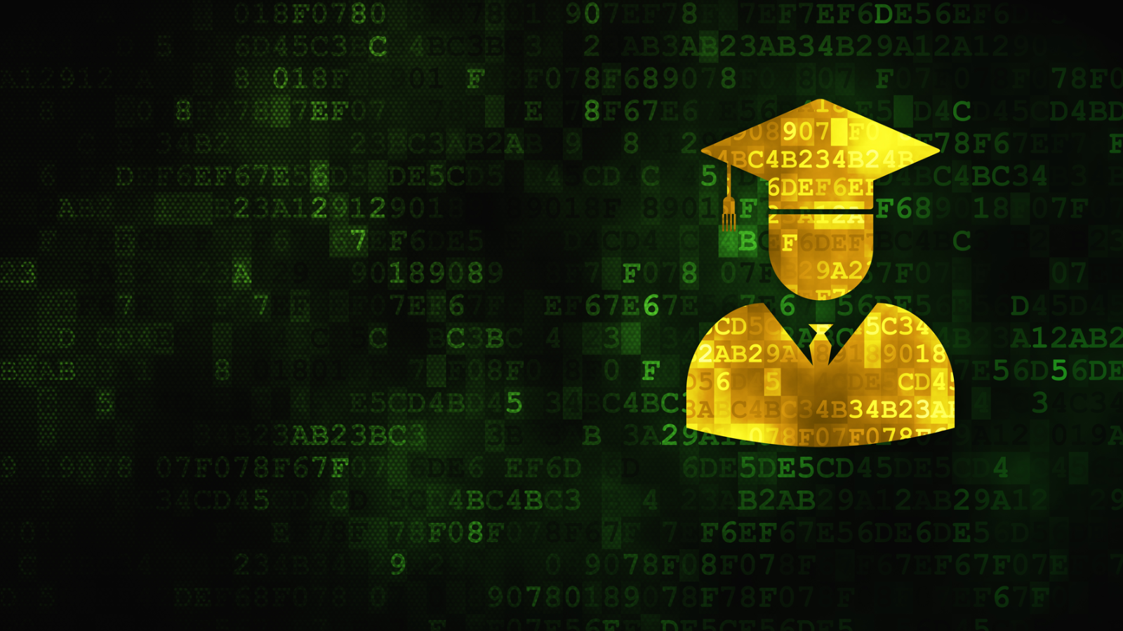 Animation of graduation cap under computer code