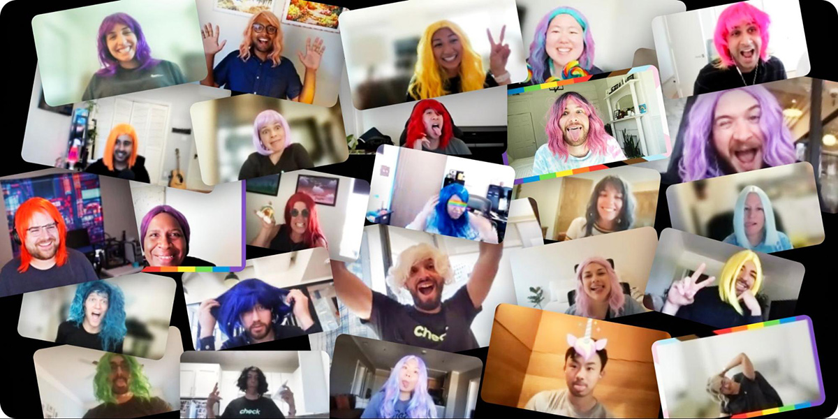 Collage of Check team members wearing different colored wigs 