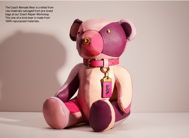 The Coach Remade Bear is crafted from raw materials salvaged from pre-loved bags at the Coach Repair Workshop. The one-of-a-kind bear is made from 100 percent repurposed materials.