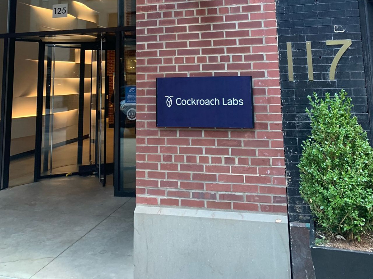 Cockroach Labs sign on the outside of the building at the entrance