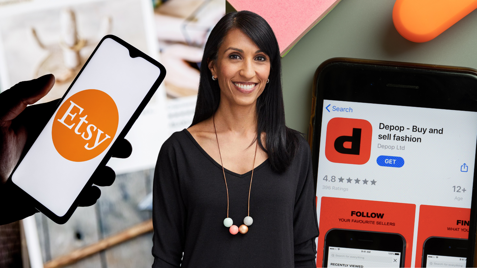 Kruti Patel Goyal in front of two phones, one with a Depop logo and one with Etsy