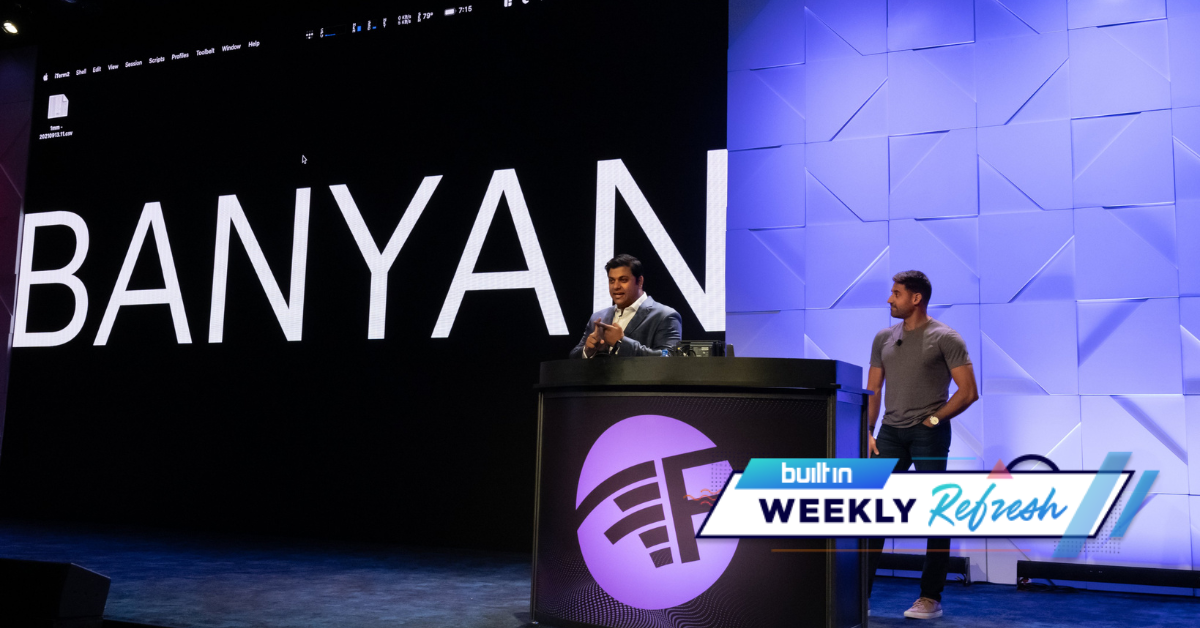 Banyan CEO Jehan Luth and Wilfried Schobeiri present on stage at the FinovateFall in 2021.
