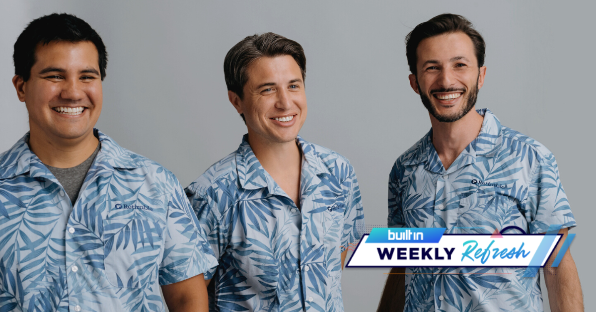 Retirable co-founders smile in Hawaiian shirts