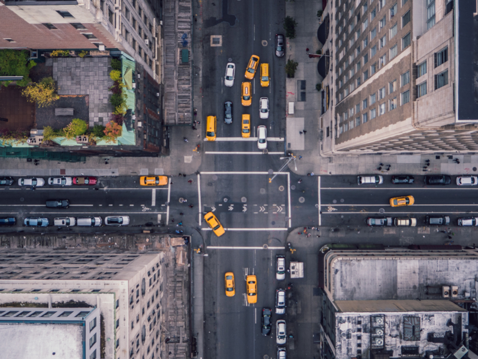 Overhead view of a busy NYC intersection