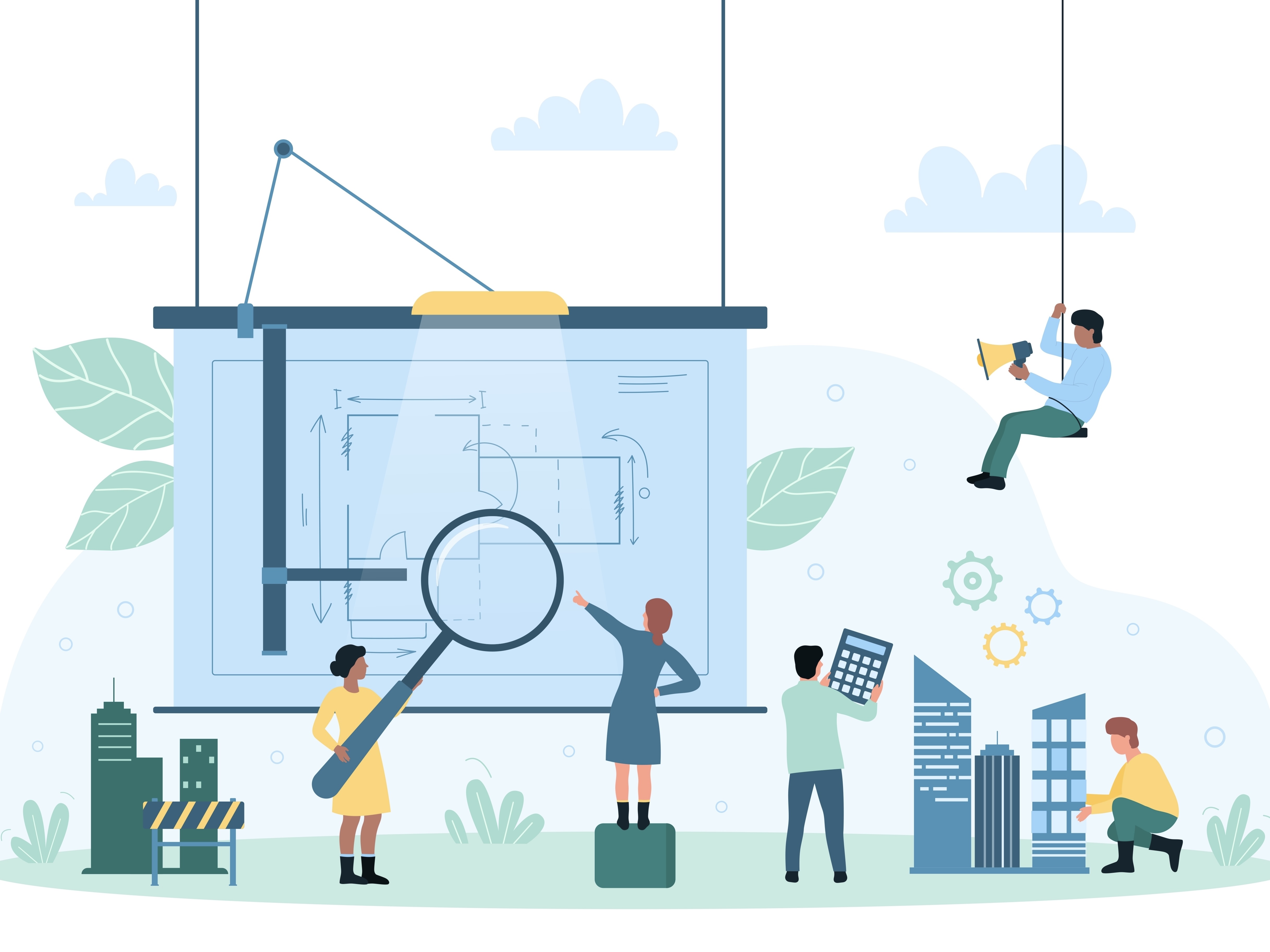  An illustration of employees referencing an oversized blueprint while building a miniature city.