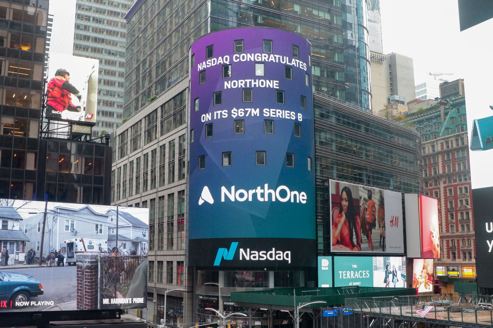 NorthOne funding announcement in Time Square on the Nasdaq sign