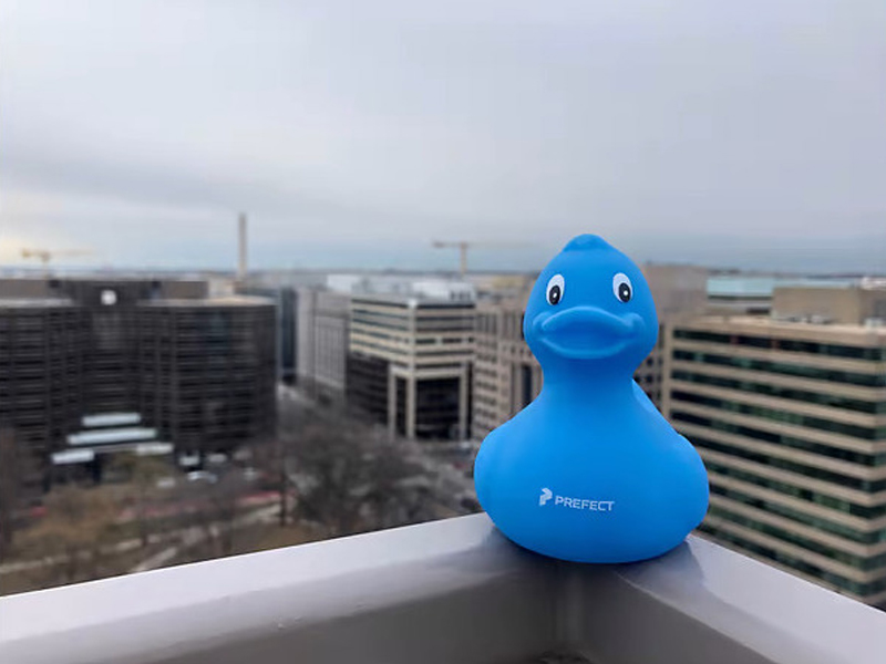 Blue rubber duck with the Prefect logo on it sitting on a balcony railing