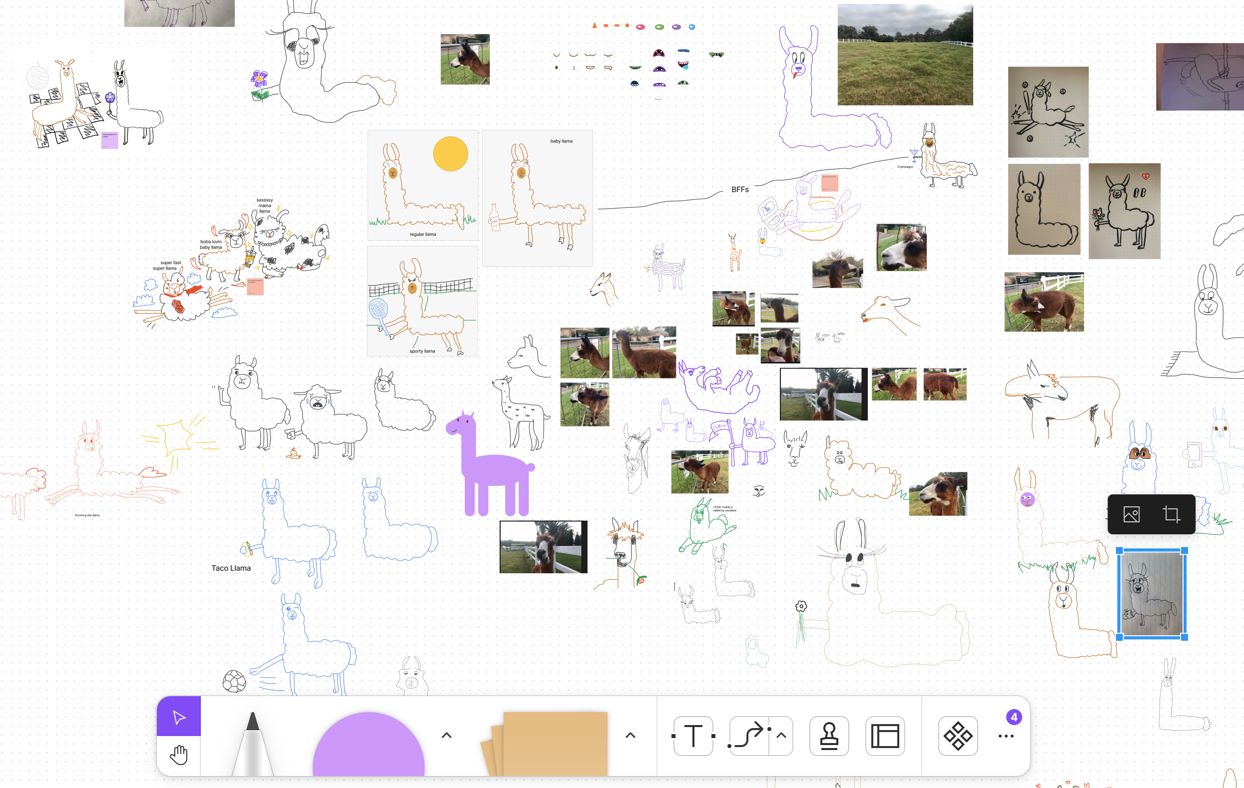 Screenshot of Figma file with many images of llamas and doodles