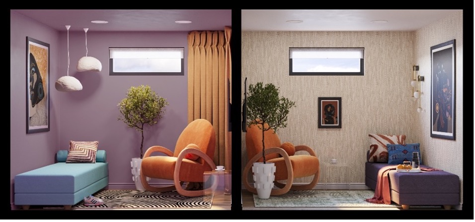 Photo of two side-by-side She Care Wellness Pods, fully furnished