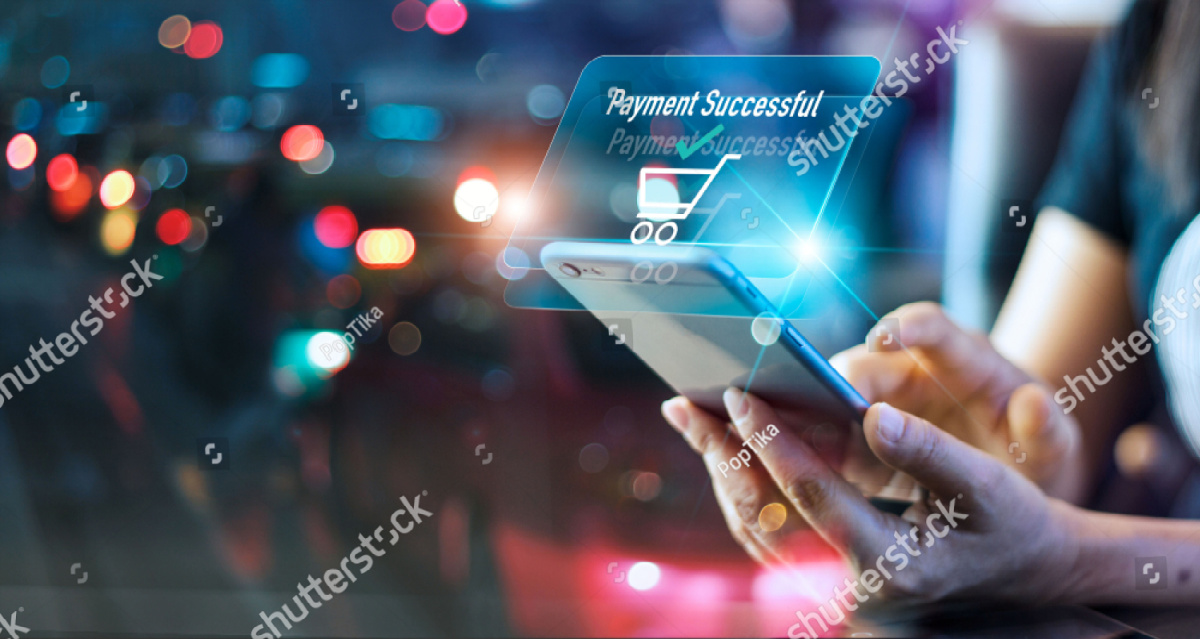Digital render of woman making an online payment on a smartphone