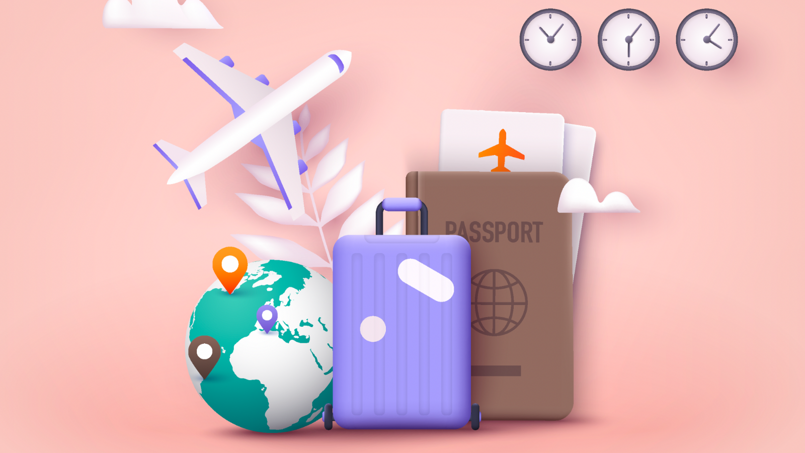Animated airplane, suitcase and passport against plain background