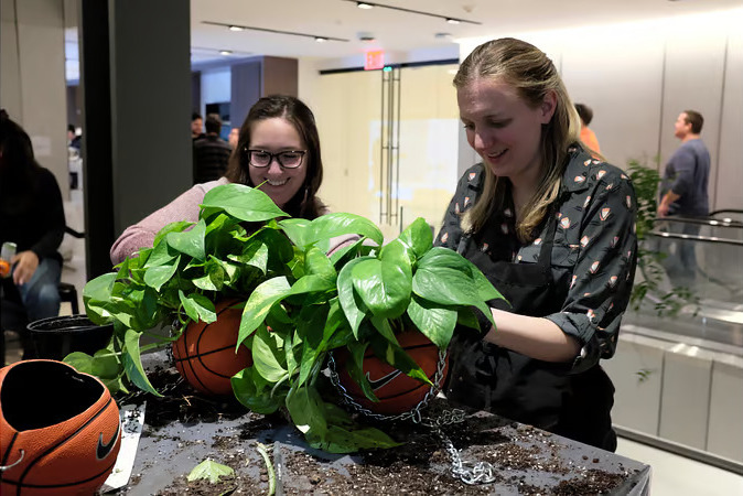 Two employees help pot plants in the office kitchen.