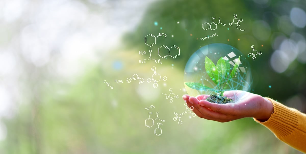 A hand holding a sphere with a green plant inside, surrounded by floating chemical formulas on a natural background.