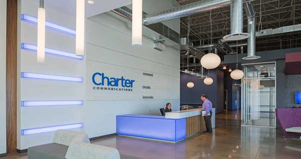 Lobby and front desk area of Charter Communications office.