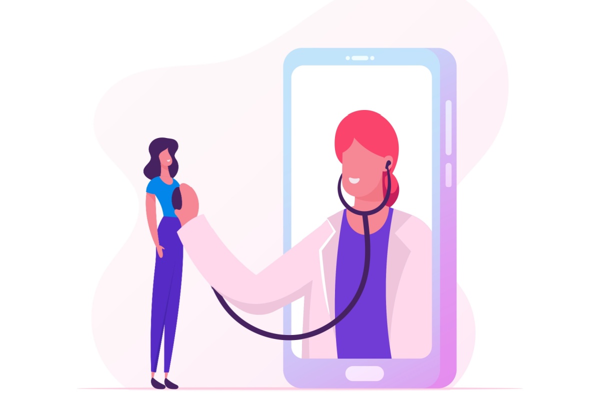 An illustration showing a patient engaging with a doctor via a smartphone, depicting a telemedicine appointment.
