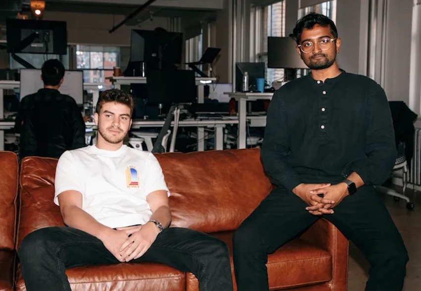 Parker co-founders Yacine Sibous (left) and Milan Ray (right) sit on a brown leather couch.