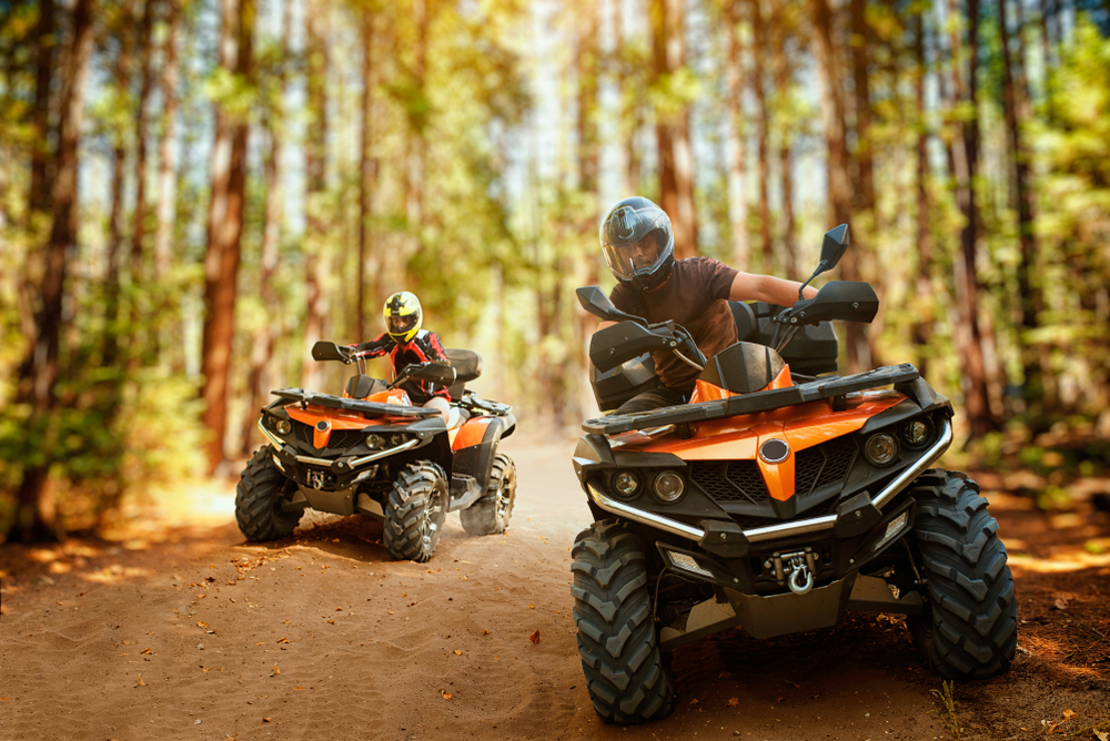 Two ATV riders in a forest