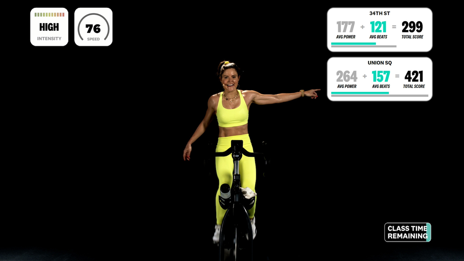 A screenshot of a Swerve Fitness instructor leading a livestream workout with team stats visible on the side.