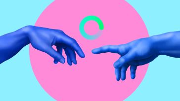 Two blue hands reaching out to connect with a circular loading icon overlayed on top.