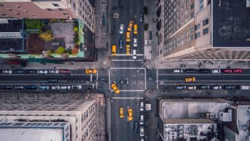 An aerial shot looking down on 5th Ave in New York City.