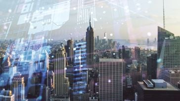 Abstract virtual coding illustration on New York cityscape background,