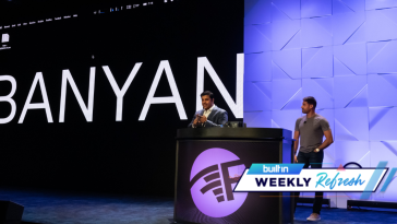 Banyan CEO Jehan Luth and Wilfried Schobeiri present on stage at the FinovateFall in 2021.