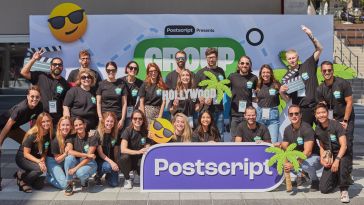 Postscript's team posing with their logo and several large sunglass emojis.
