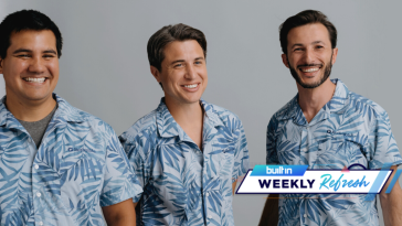 Retirable co-founders take a group photo in Hawaiian shirts
