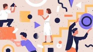 vector illustration of people working together on abstract shapes