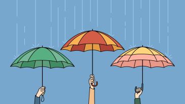illustration of three held umbrellas of different colors in the rain