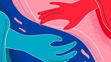 illustration of a blue hand and red hand reaching towards one another