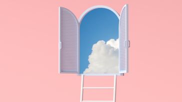 A minimalist rendering of a ladder leading to an open window. The background is “millennial pink.”