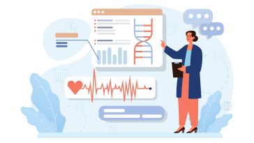 A figure points to a board filled with healthcare-related icons and graphs